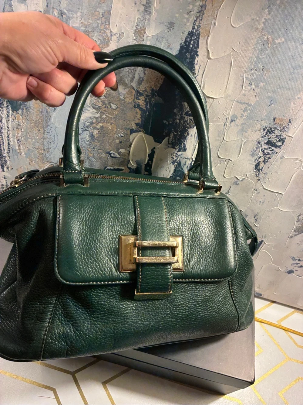 Vintage Liz Claiborne Dark Green Leather Top-Handle Satchel with Gold Hardware